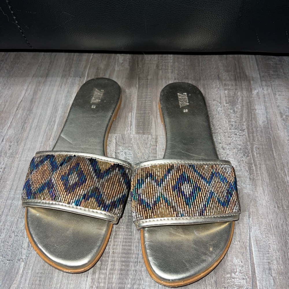 Zara Silver and Multicolor Patterned Sandals